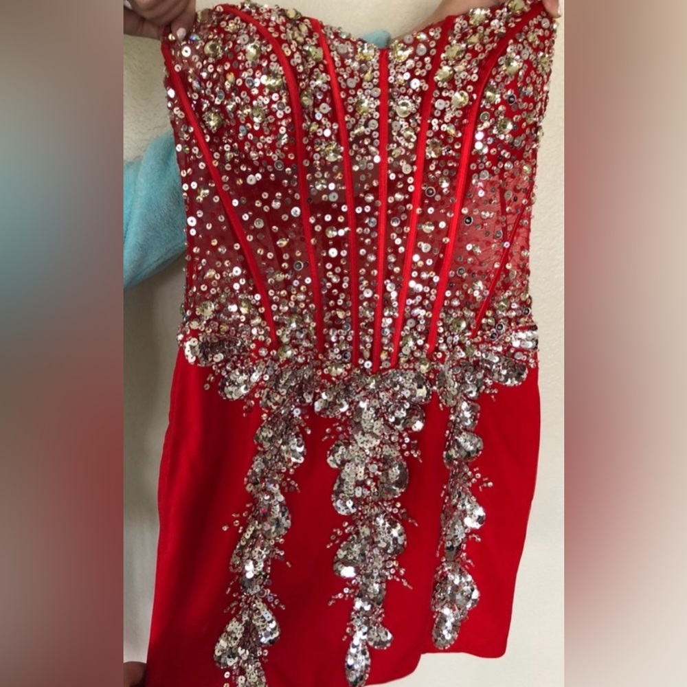 Jovani Red and Silver Strapless Dress